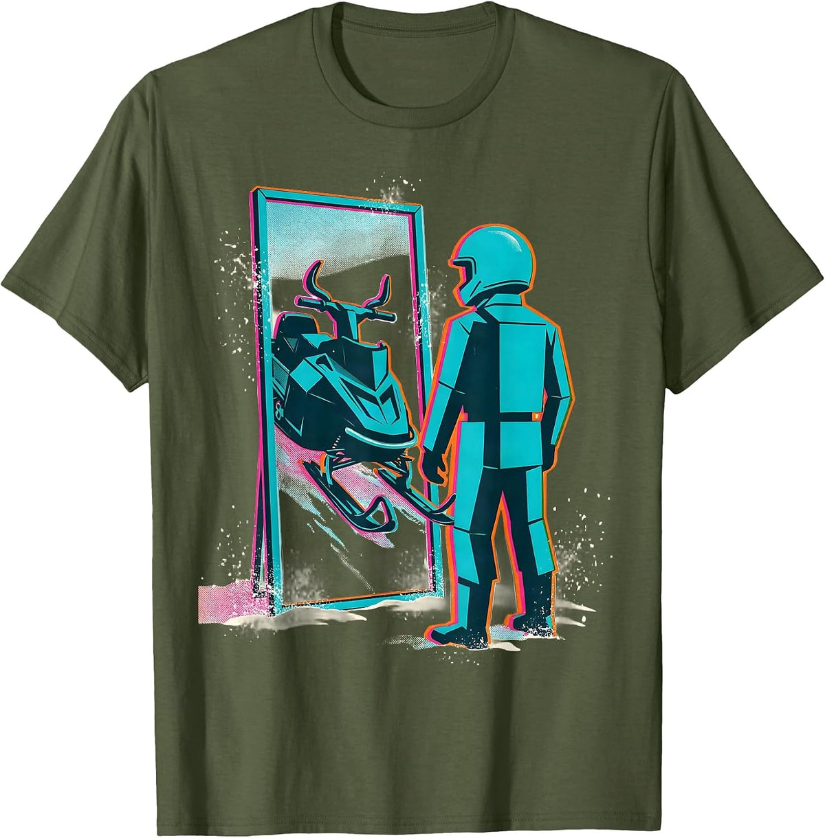 Helmeted Rider Snowmobile Mirror Reflection Humor T-Shirt - Olive Green