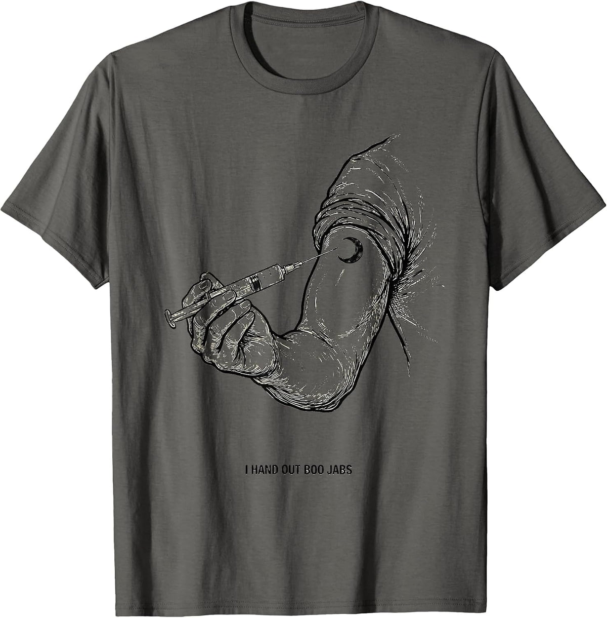 I Hand Out Boo Jabs Funny Nurse Ghost Halloween Vaccine T-Shirt - Asphalt Grey