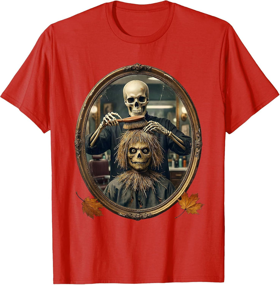 Men's Skeleton Hairstylist Vintage Halloween Barber Humor T-Shirt - Red