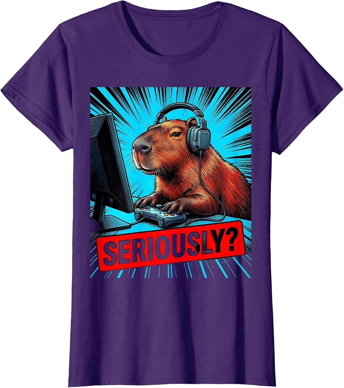 Women's Seriously? Comic Book Capybara Gamer Meme Humor T-Shirt - Purple
