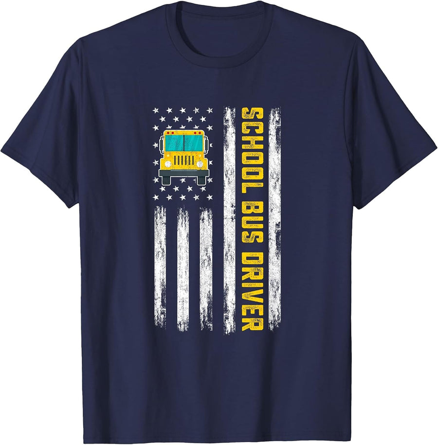 Patriotic Bus Driver - American Flag School Bus Driving T-Shirt - Navy Blue