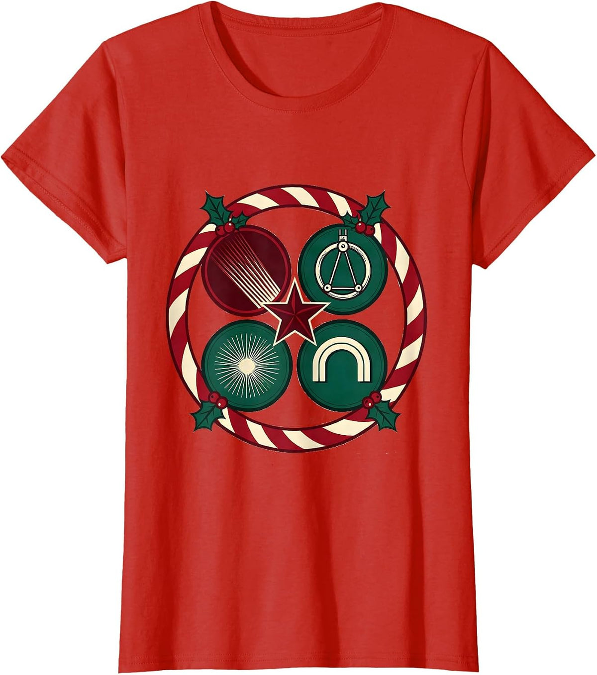 Women's Candy Cane Radiology Tech Holiday Screenprint Badge T-Shirt - Red