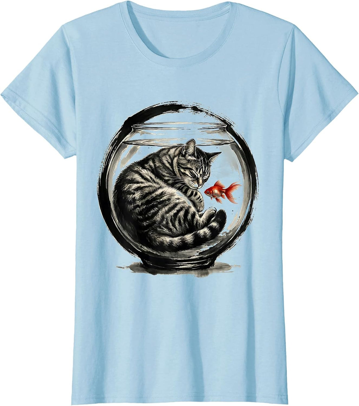 Cozy Tabby Cat Curled Inside Fishbowl Graphic T-Shirt - Baby Blue
