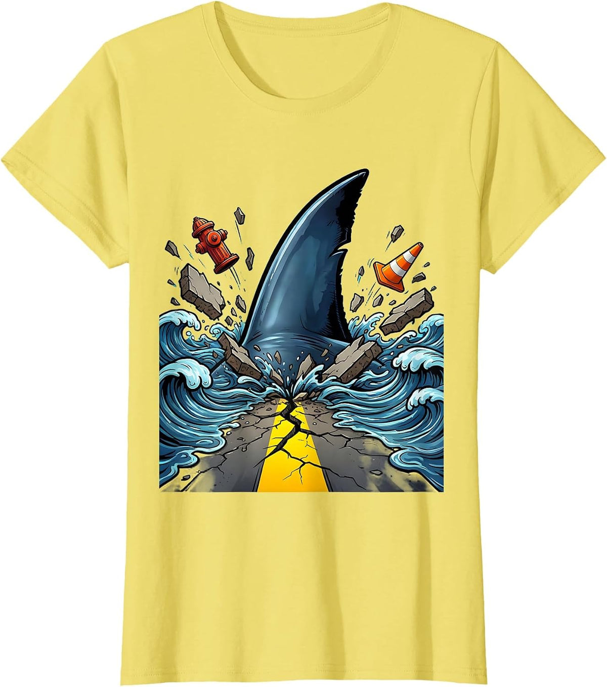 Women's Shark Fin City Street Weird Graphic Tee T-Shirt - Lemon Yellow