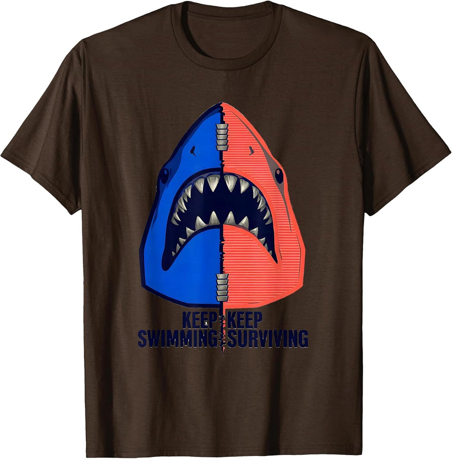 Men's Keep Swimming Keep Surviving Shark Design T-Shirt - Brown