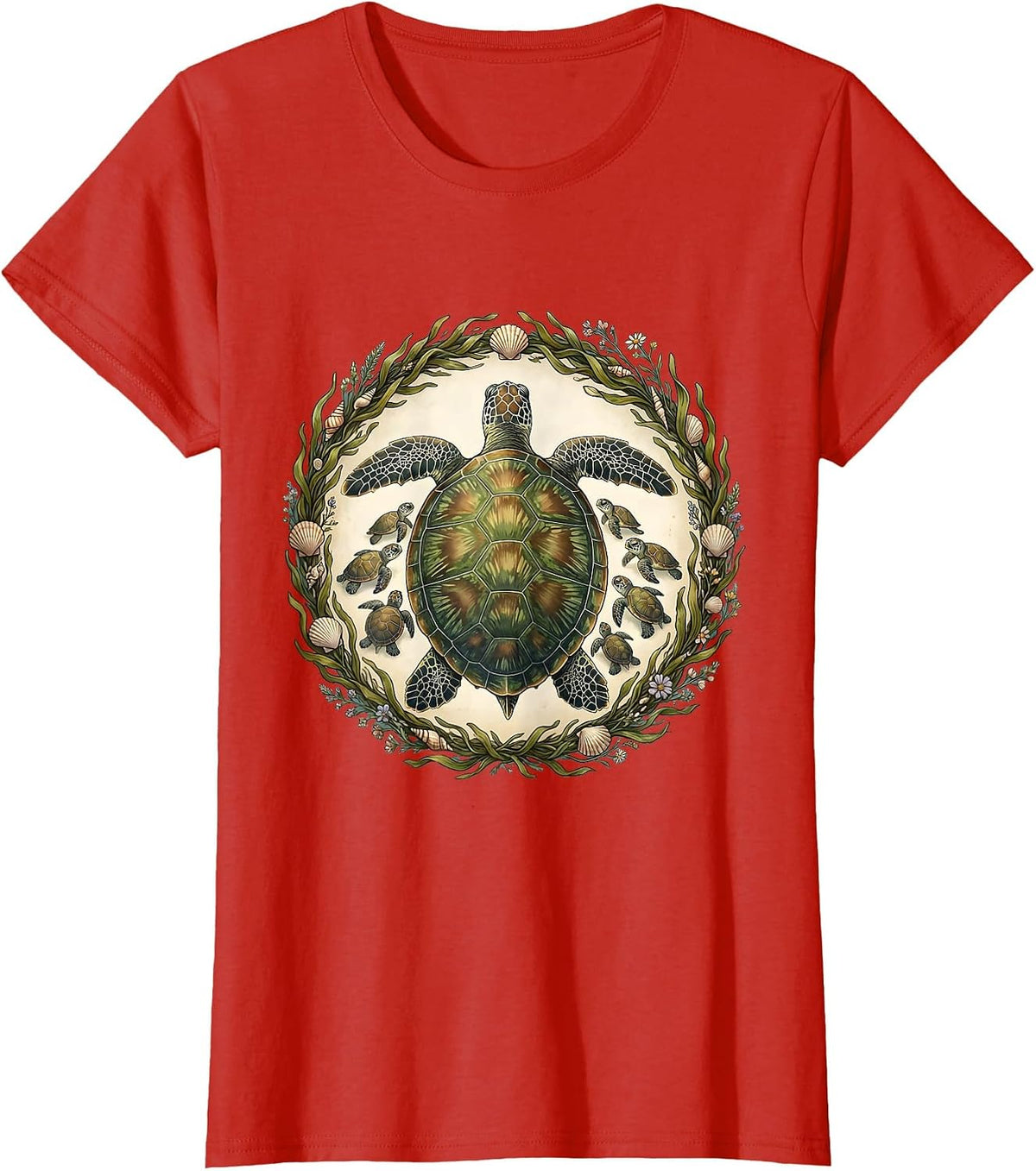 Mother Turtle and Hatchlings Beach Illustration T-Shirt - Red