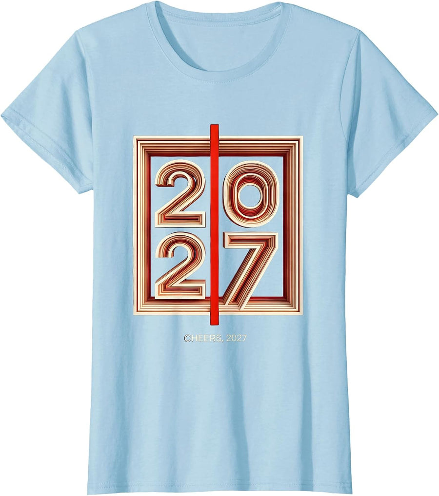 Women's Cheers, 2027 Geometric Novelty Party Wear Countdown T-Shirt - Baby Blue