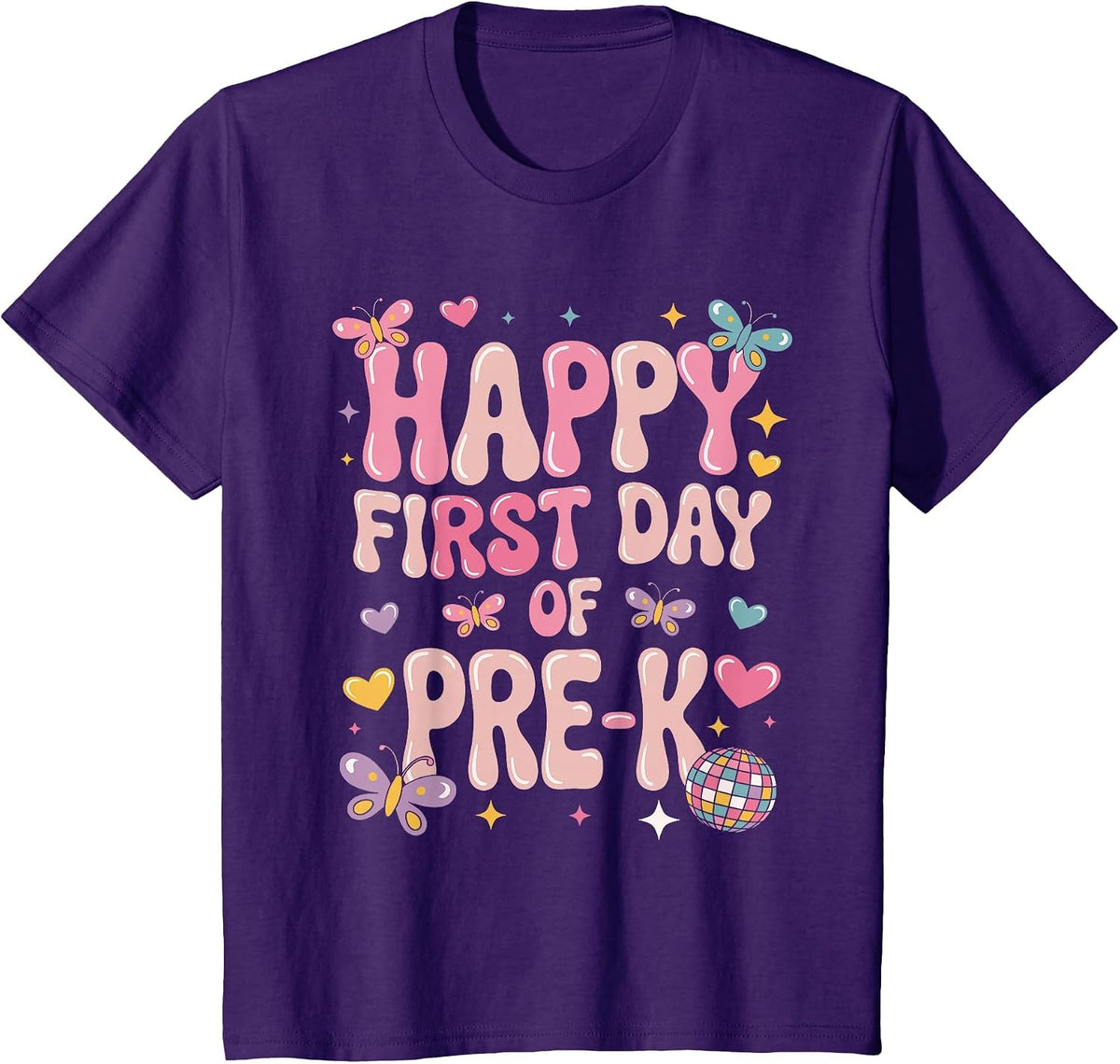 Happy First Day of Pre-K Girls Groovy Disco Back to School T-Shirt - Purple