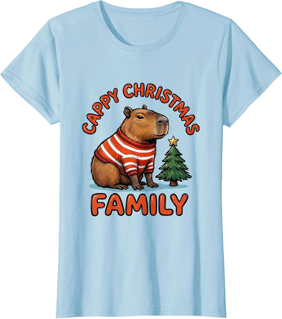 Women's Cappy Christmas Family Cute Capybara Christmas Humor Animal T-Shirt - Baby Blue