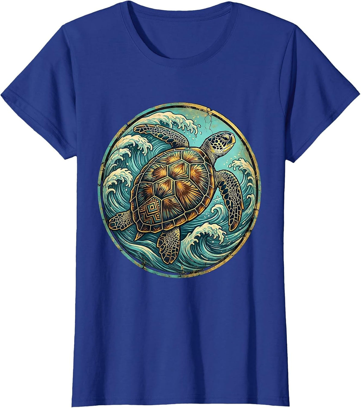 Women's Mexico Sea Turtle Ocean Waves Illustration T-Shirt - Royal Blue