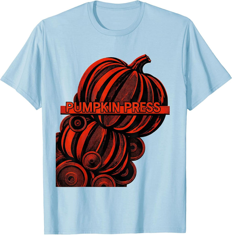 Men's Pumpkin Press Funny Gym Workout Halloween Lifting Pun T-Shirt - Baby Blue