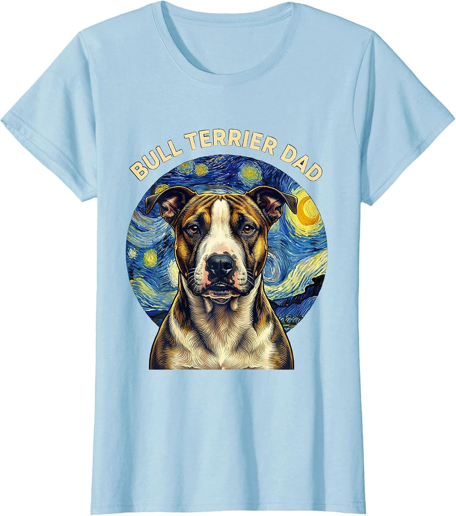 Women's Bull Terrier Dad Whimsical Art Homage Dog Breed Portrait T-Shirt - Baby Blue