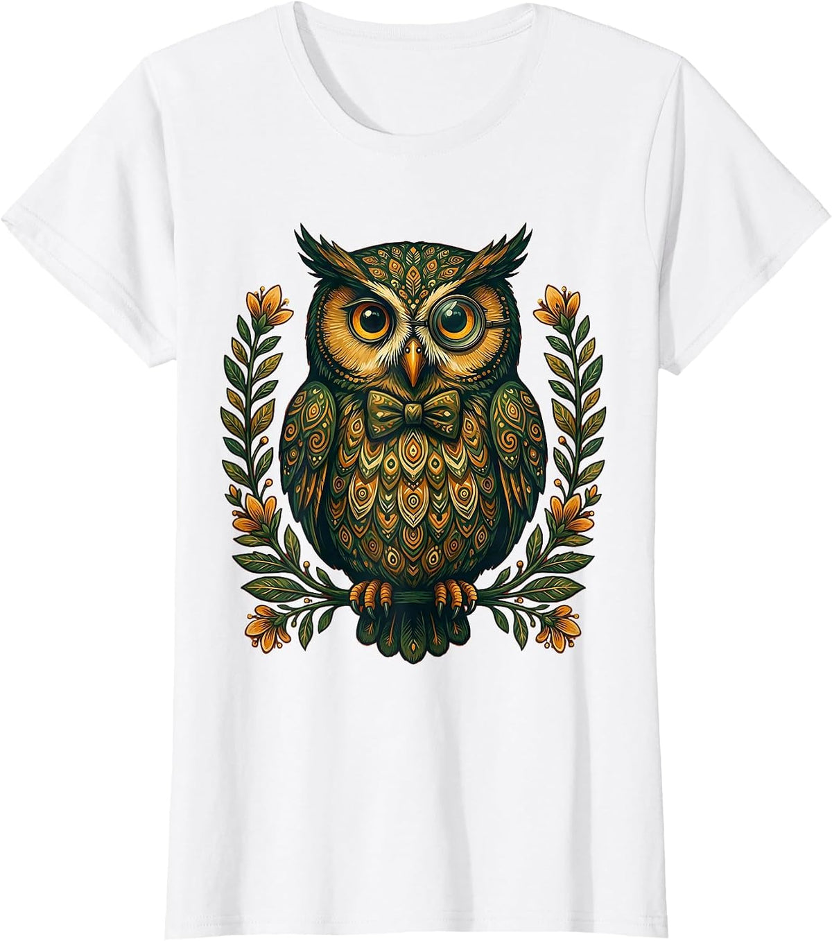 Women's Distinguished Owl in Bow Tie and Monocle T-Shirt - White