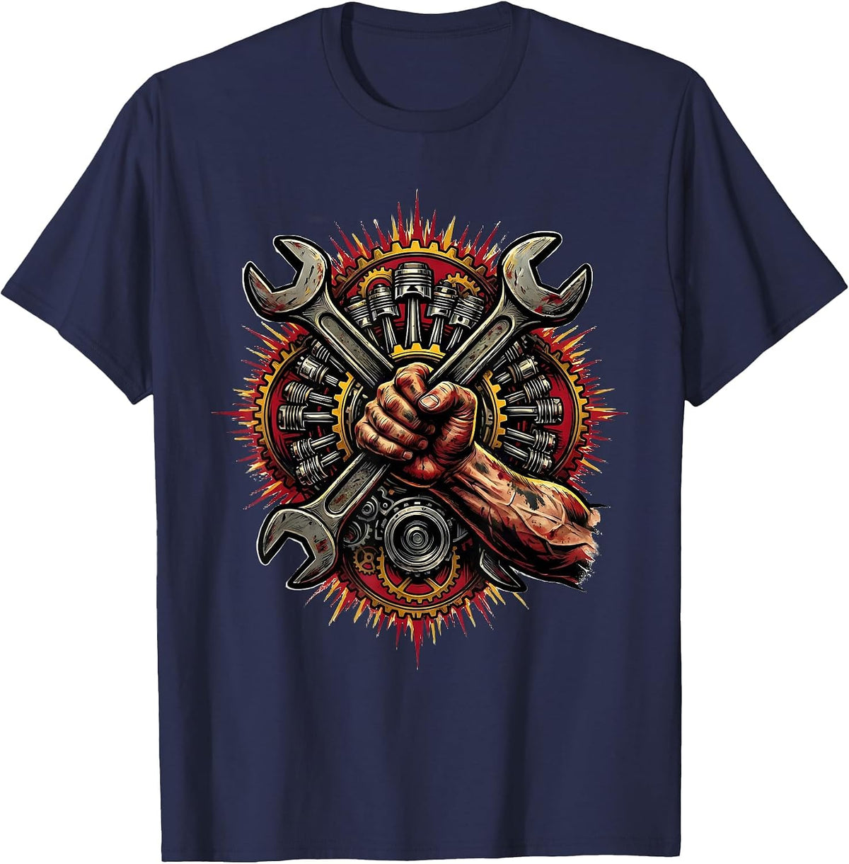 Men's Mechanic Peering Under Car Hood Illustration T-Shirt - Navy Blue