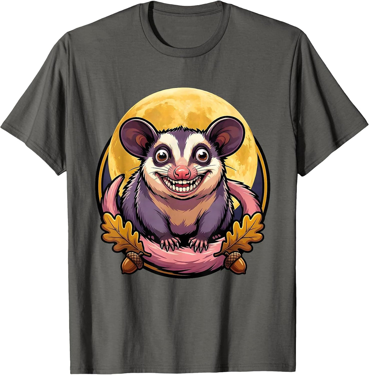 Opossum Foraging Under Full Moon Night Art T-Shirt - Asphalt Grey
