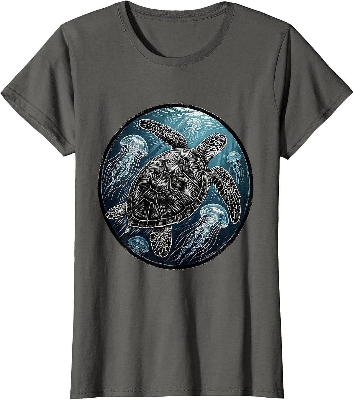 Women's Sea Turtle Swimming Through Jellyfish Bloom T-Shirt - Asphalt Grey