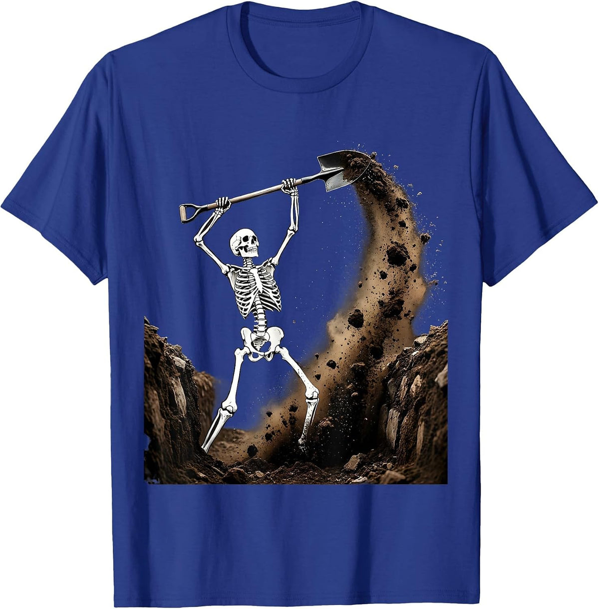 Skeleton Grave Digger Underground Halloween Graphic T-Shirt - Royal Blue