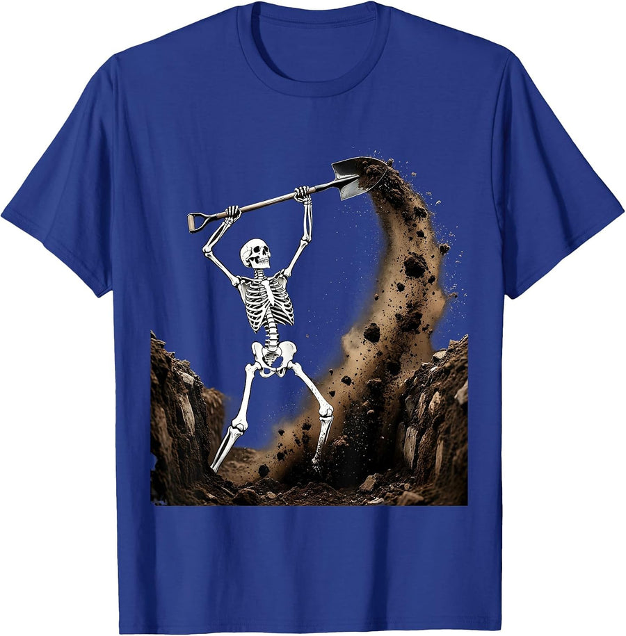 Skeleton Grave Digger Underground Halloween Graphic T-Shirt - Royal Blue