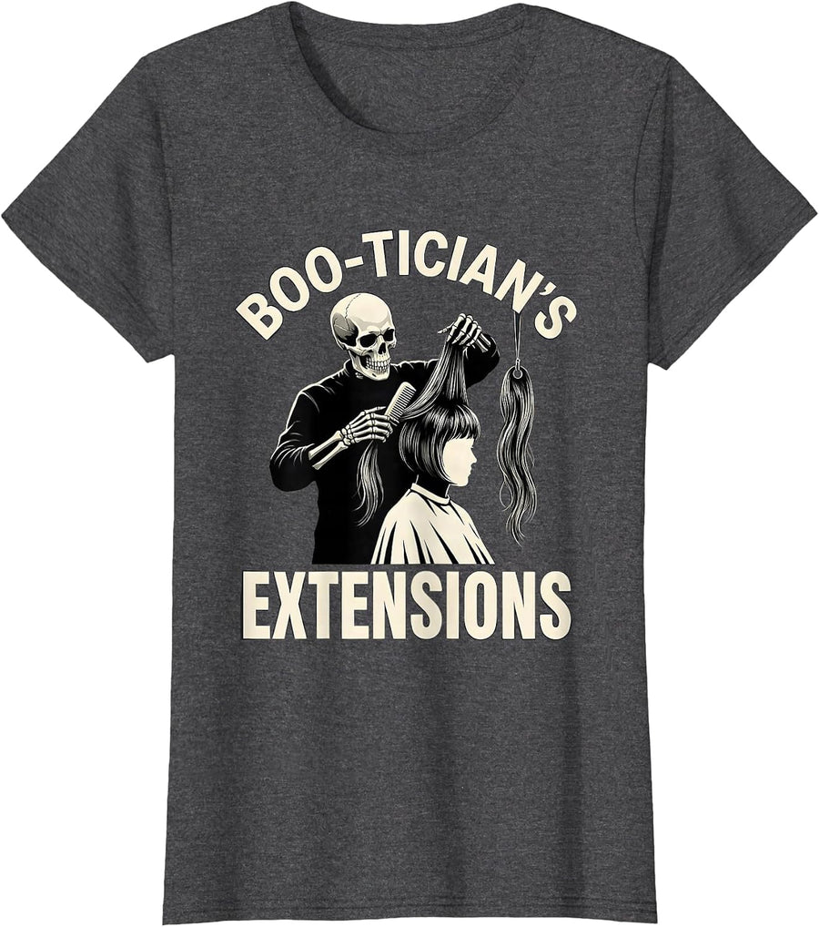 Women's Boo-tician's Extensions Skeleton Hairstylist Halloween Humor T-Shirt - Dark Heather Grey