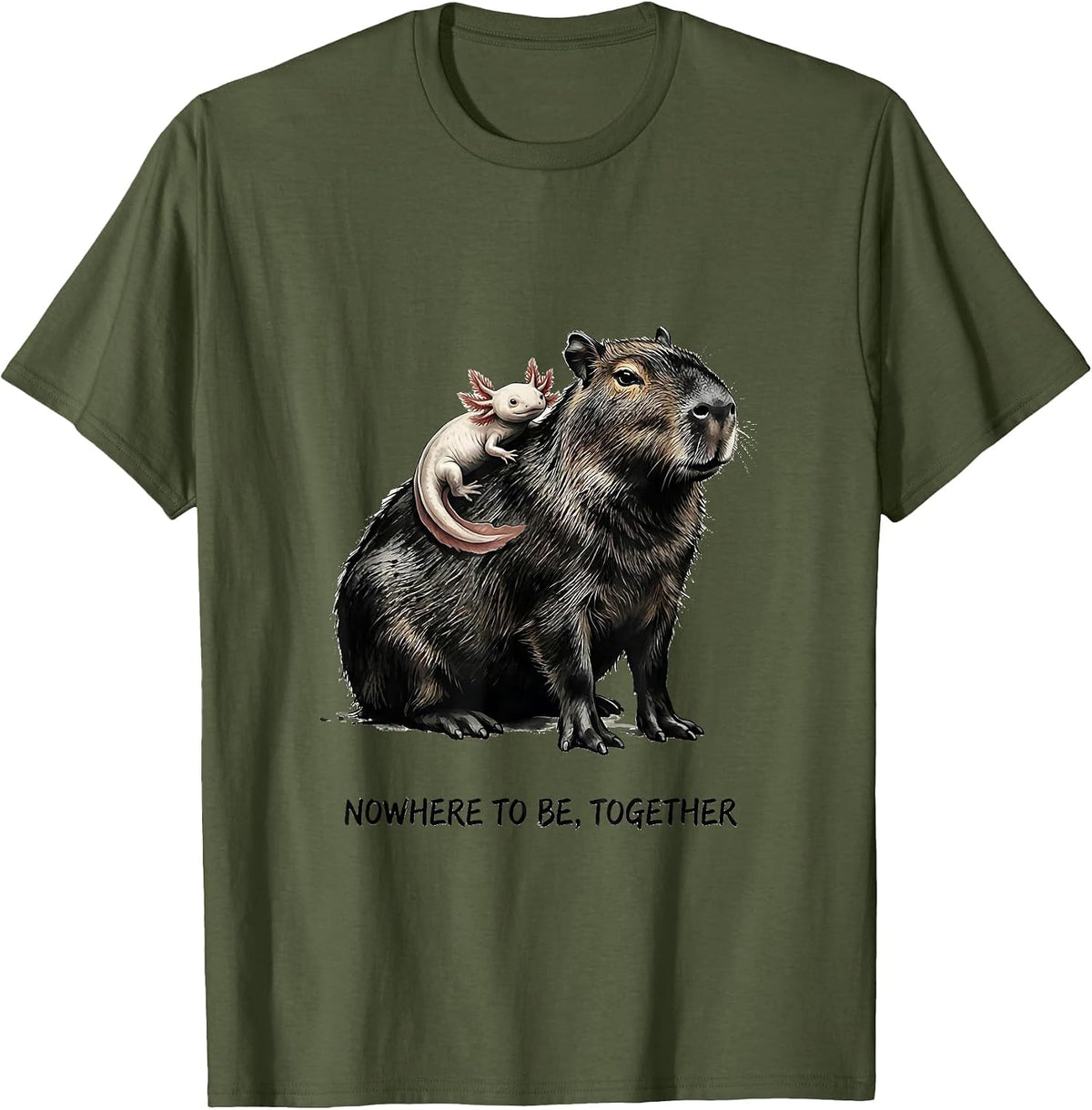 Men's Nowhere To Be Together Cute Capybara Axolotl Kawaii Animal T-Shirt - Olive Green