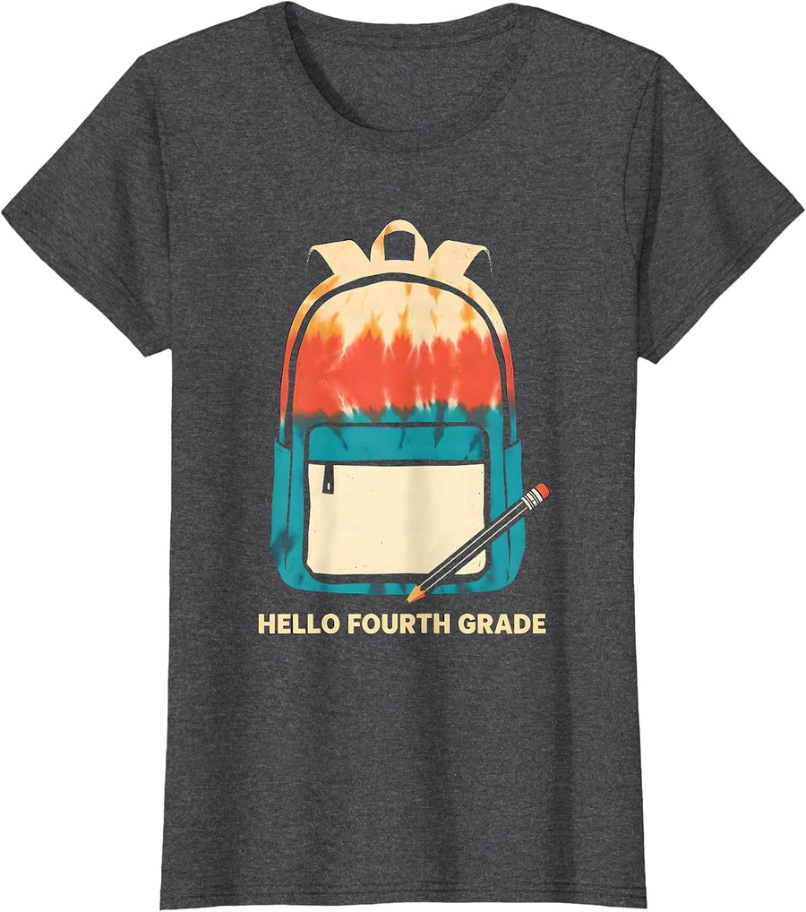 Women's Hello Fourth Grade Tie Dye Back To School Screenprint T-Shirt - Dark Heather Grey