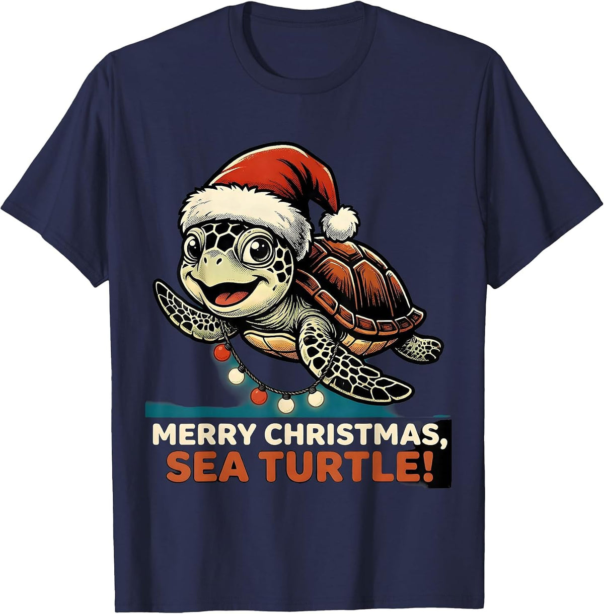 Men's Merry Christmas Sea Turtle Retro Cartoon Santa Hat Holiday T-Shirt - Navy Blue