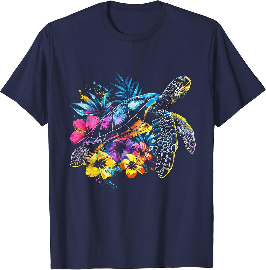 Sea Turtle Hawaiian Flowers Hawaii Diver T-Shirt - Navy Blue