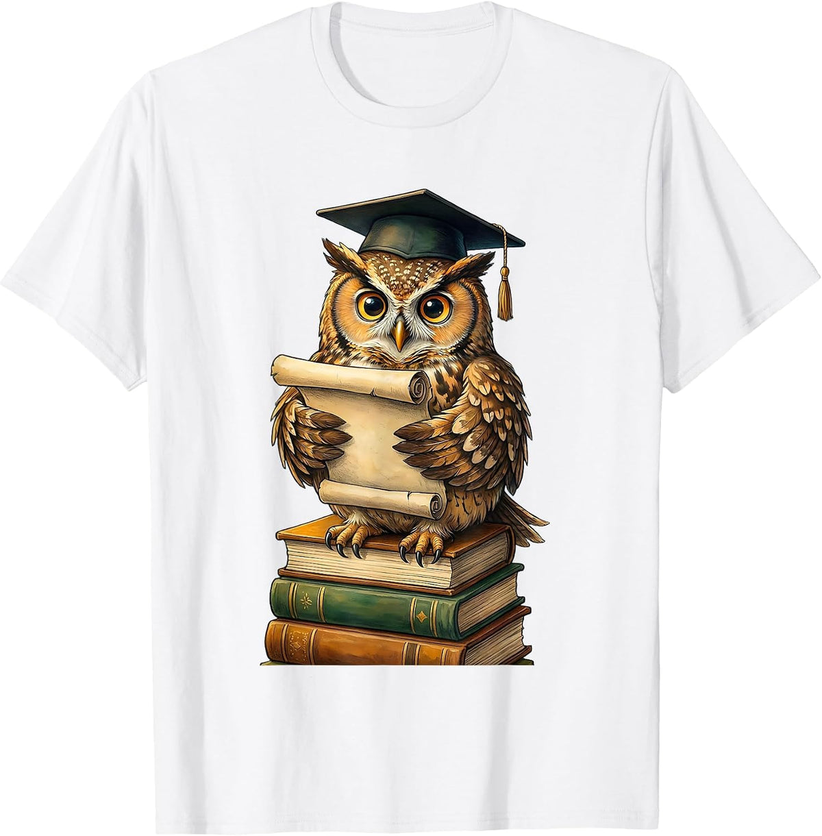 Men's Owl Graduation Cap Reading Scroll Teacher Gift T-Shirt - White