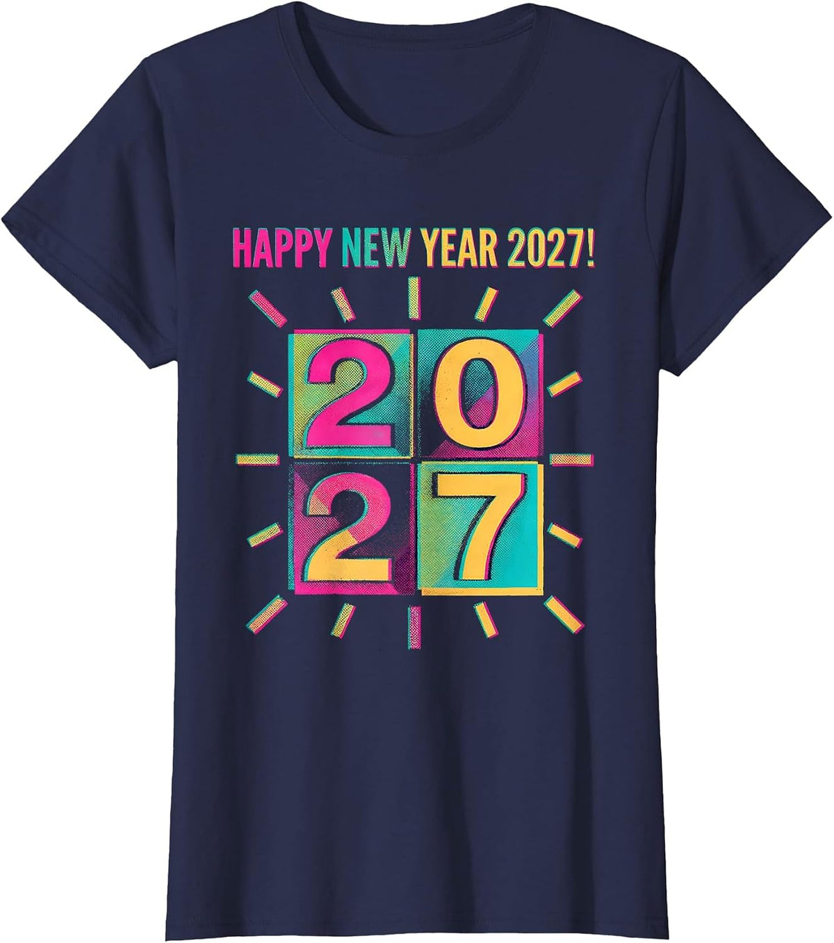 Women's Happy New Year 2027 Risograph Party Crew Matching Family T-Shirt - Navy Blue