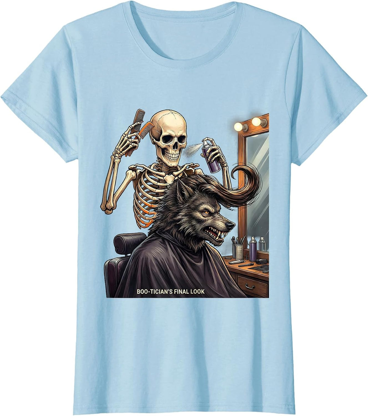 Boo-tician's Final Look Funny Skeleton Hairdresser Halloween T-Shirt - Baby Blue
