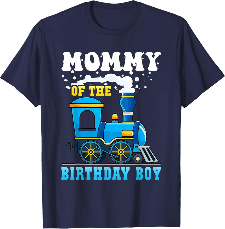Mommy of the Birthday Boy Train Lover Party Family Matching T-Shirt - Navy Blue