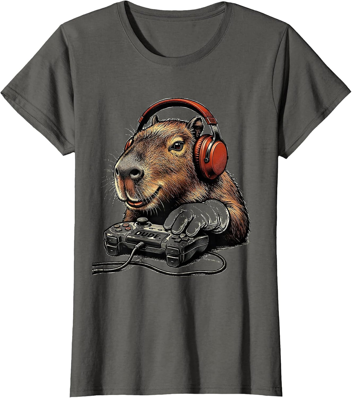 Women's Dude Retro Cartoon Capybara Gamer Meme Humor Video Games T-Shirt - Asphalt Grey