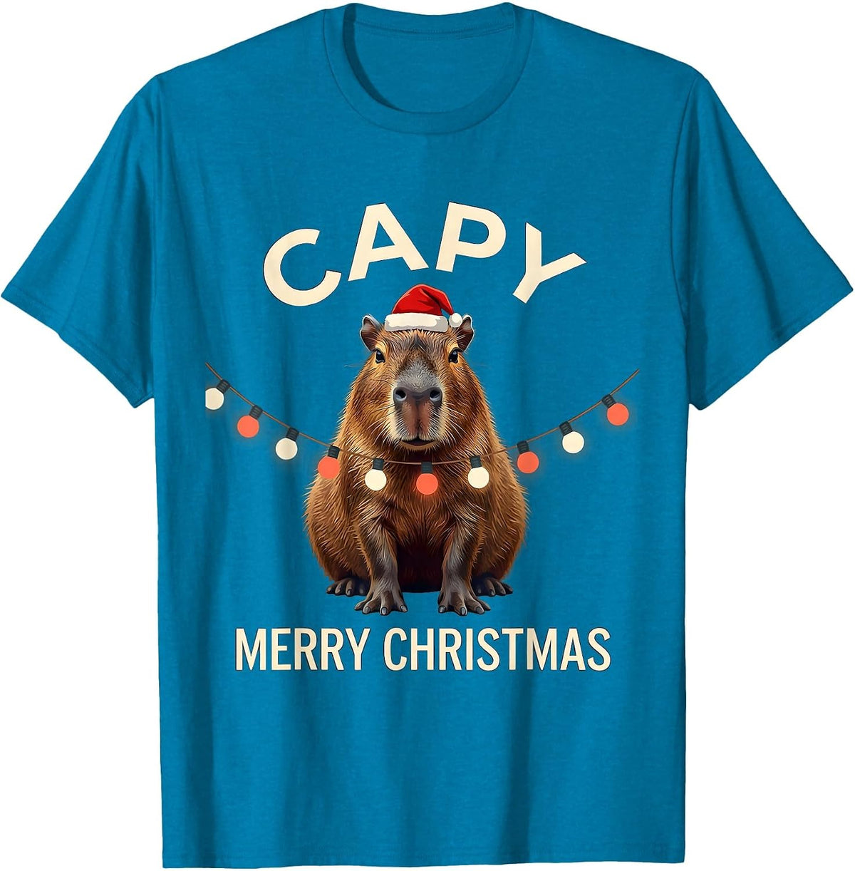 Capy Merry Christmas Cute Capybara Santa Hat Holiday Humor T-Shirt - Sapphire Blue