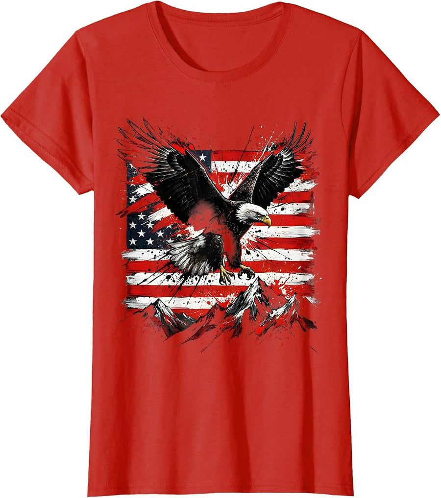 Women's Bald Eagle Over Mountain Peaks USA Freedom T-Shirt - Red