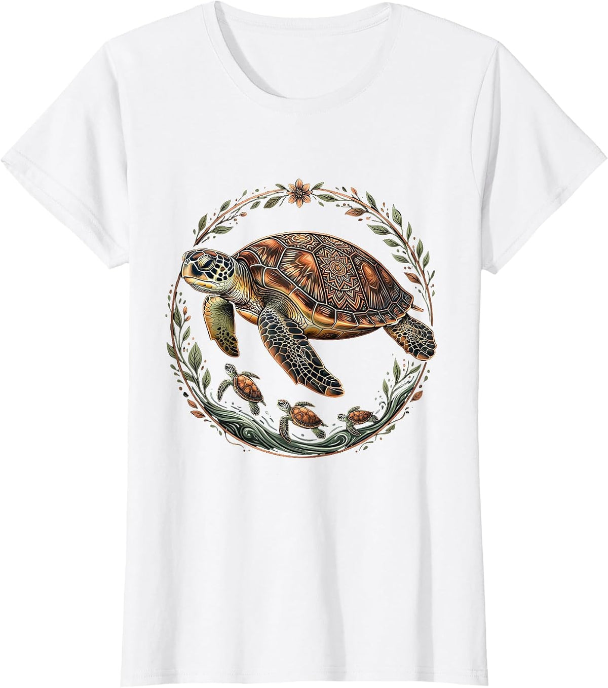Women's Mama Turtle Guiding Hatchlings to the Ocean T-Shirt - White