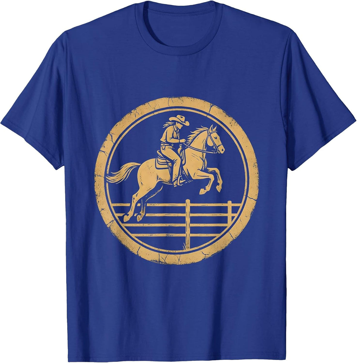 Cowgirl and Horse Jumping Over Fence Graphic T-Shirt - Royal Blue