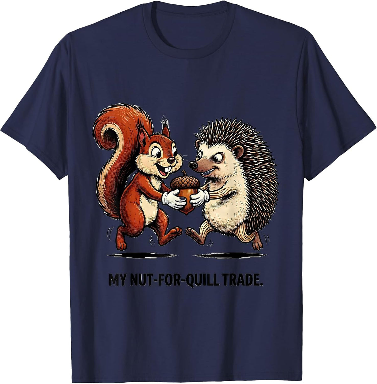 Men's My Nut-For-Quill Trade Retro Cartoon Squirrel Hedgehog T-Shirt - Navy Blue