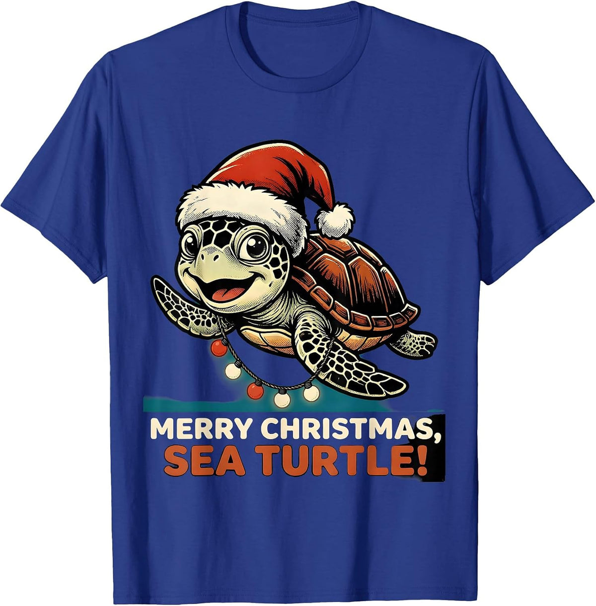 Men's Merry Christmas Sea Turtle Retro Cartoon Santa Hat Holiday T-Shirt - Royal Blue