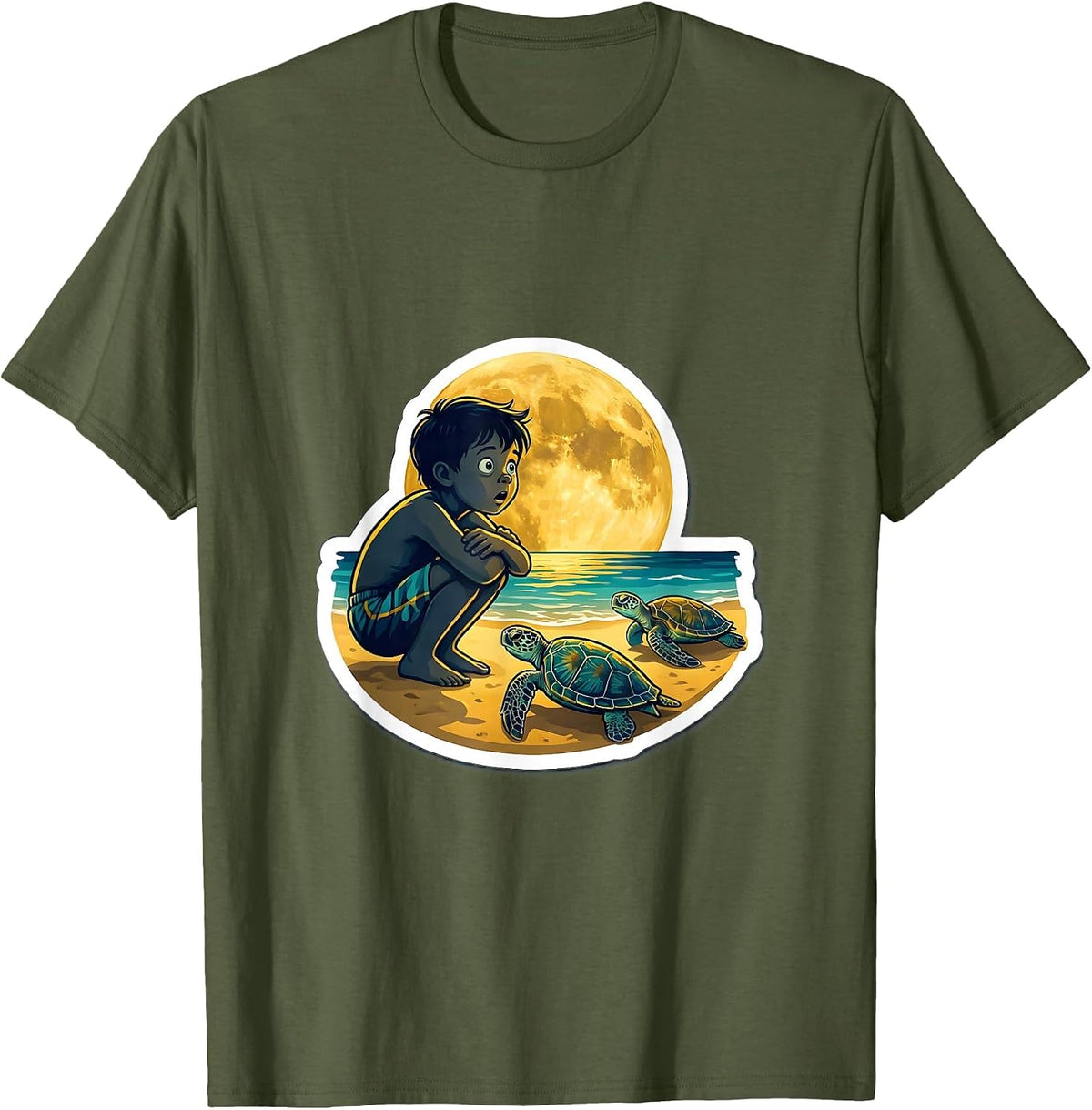 Men's Boys Hawaiian Sea Turtle Nesting Moonlit Beach T-Shirt - Olive Green