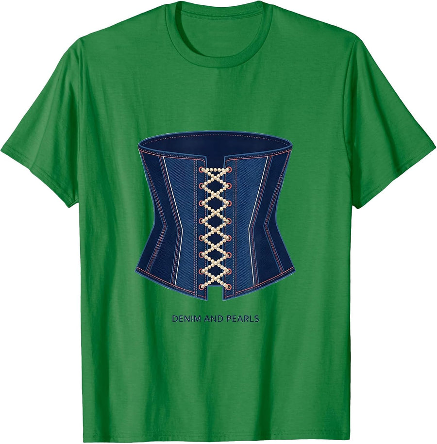 Men's Denim And Pearls Glam Vintage Ladylike Fashion Gift T-Shirt - Kelly Green