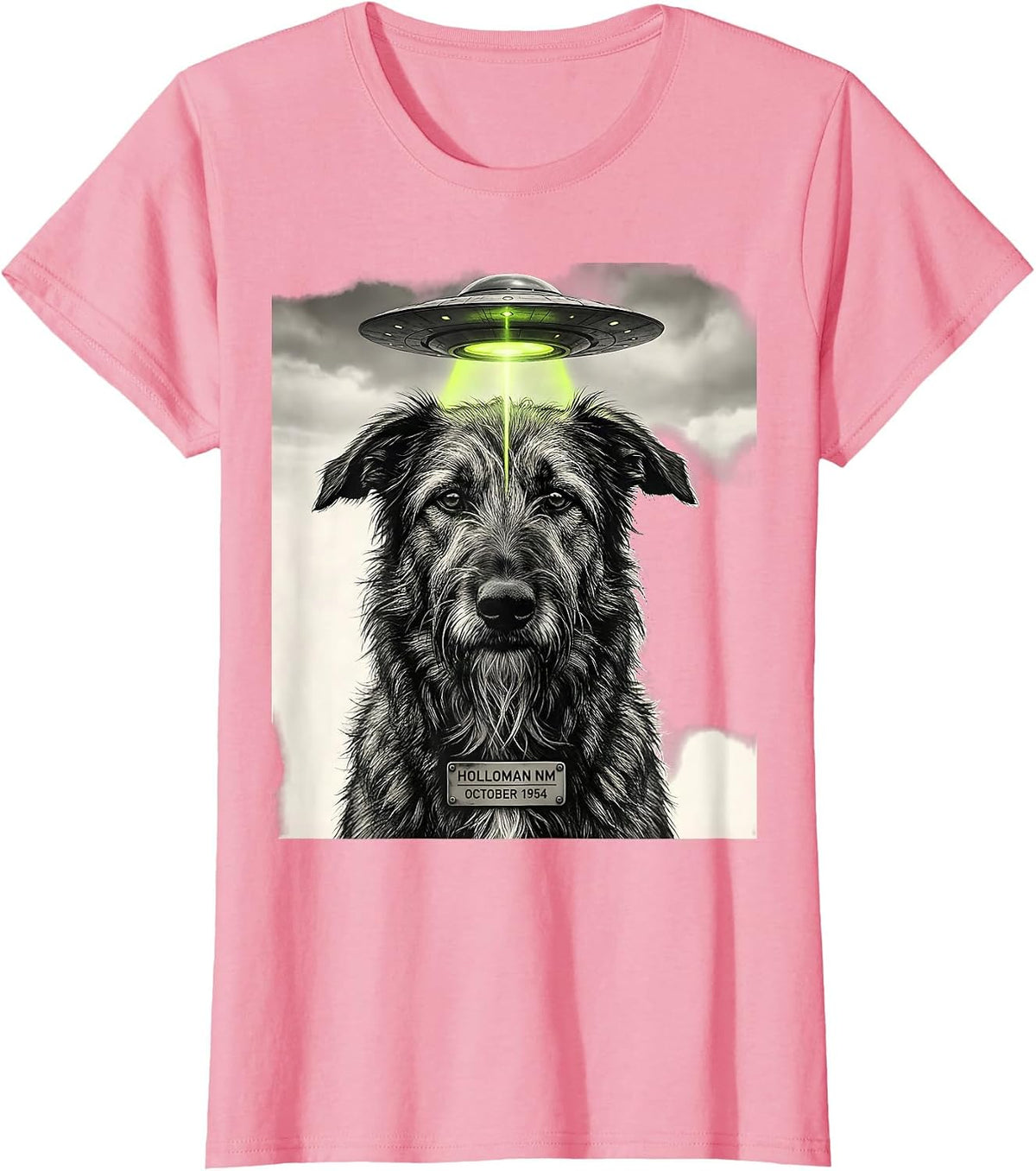 Women's Holloman NM October 1954 Funny Irish Wolfhound Dog UFO T-Shirt - Pink