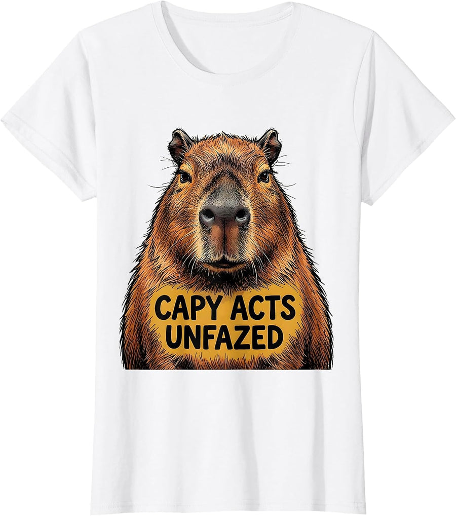 Women's Capy Acts Unfazed Funny Capybara Meme Animal Humor T-Shirt - White