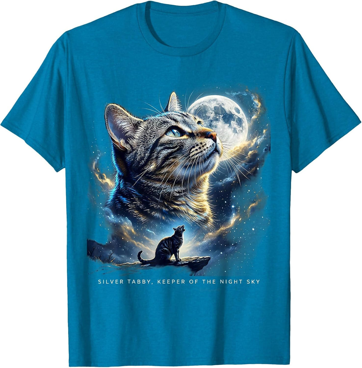 Silver Tabby, Keeper of the Night Sky Cosmic Retro Cat Lover T-Shirt - Sapphire Blue