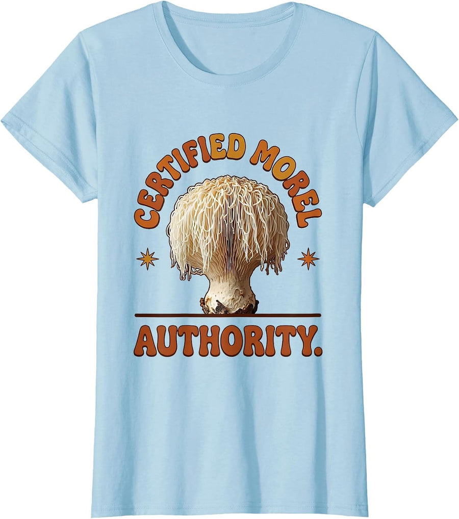 Women's Certified Morel Authority Retro Funny Mushroom Forager Gift T-Shirt - Baby Blue