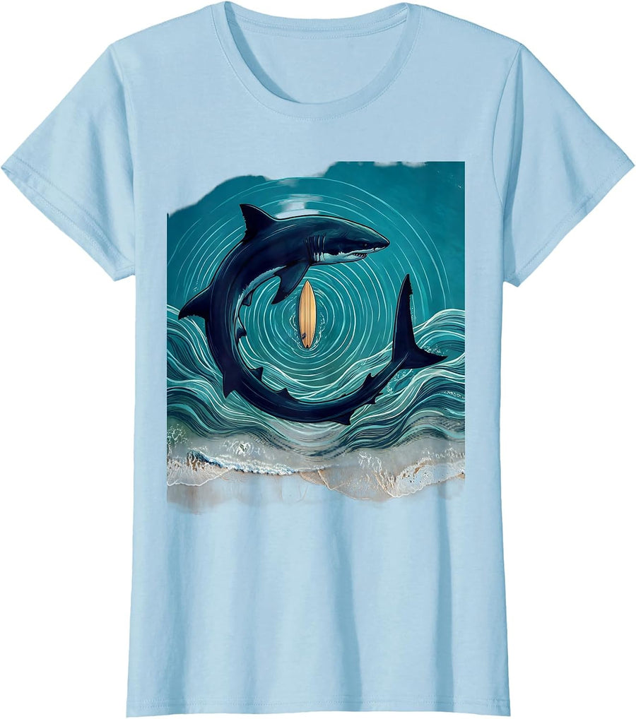 Women's Hawaiian Shark Circling Surfboard Graphic Tee T-Shirt - Baby Blue