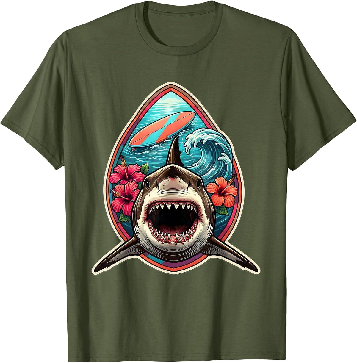 Great White Shark Under Surfboard Hawaii Design T-Shirt - Olive Green
