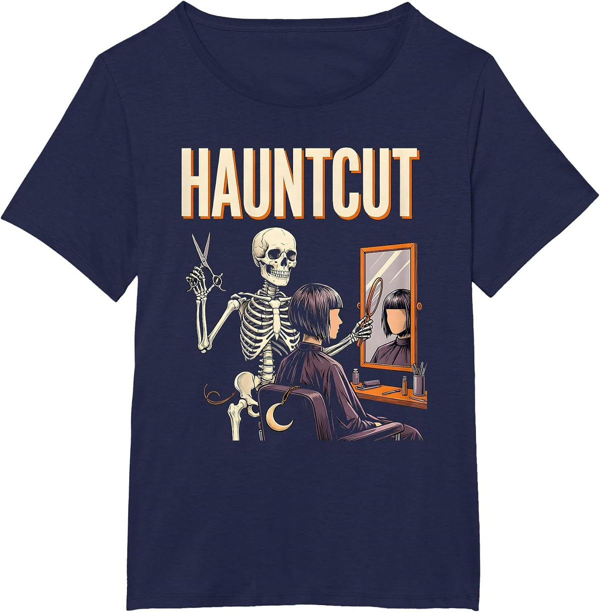 Women's Hauntcut Skeleton Hairstylist Barber Halloween Humor T-Shirt - Navy Blue