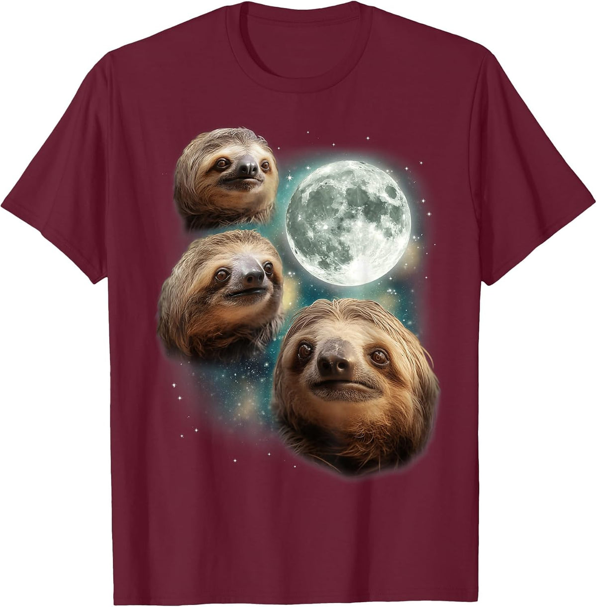 Three Sloth Moon | Funny 3 Lazy Animals Howling Parody Meme T-Shirt - Burgundy