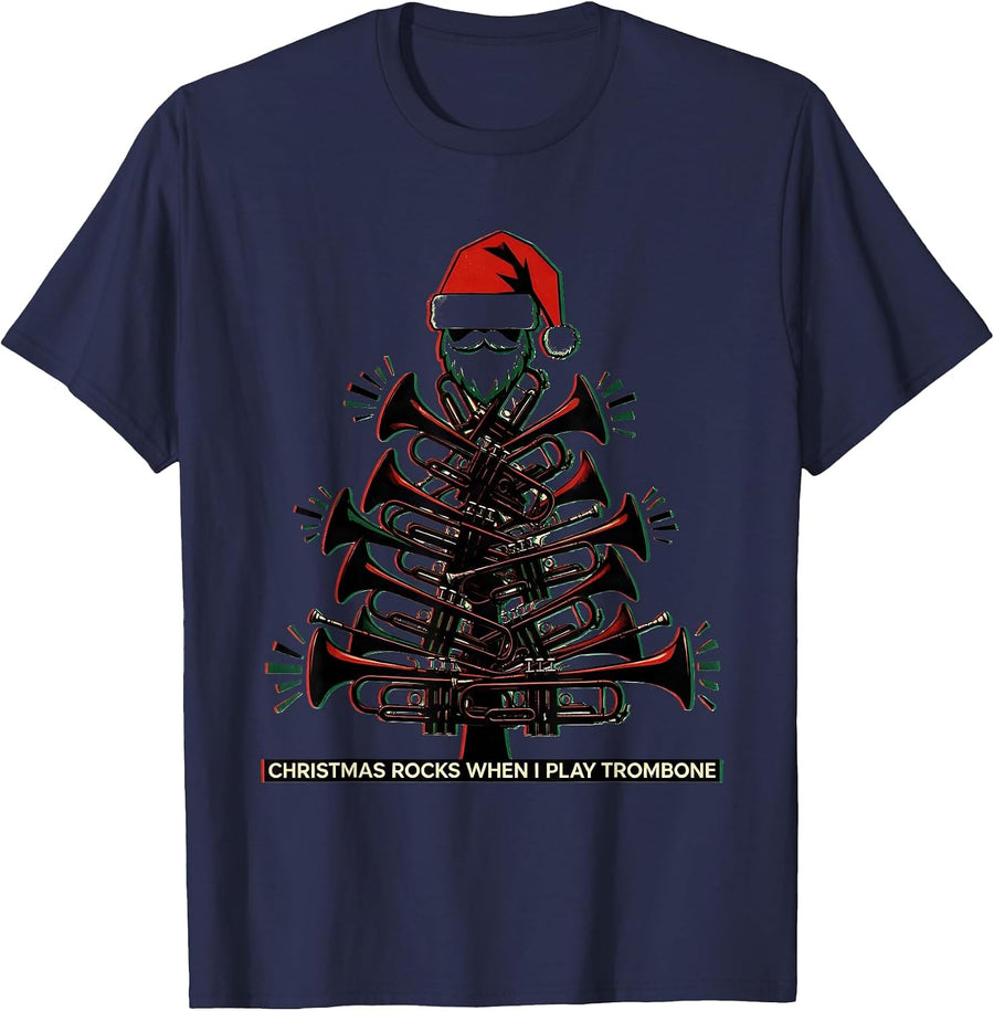 Christmas Rocks When I Play Trombone Funny Trombone Player T-Shirt - Navy Blue