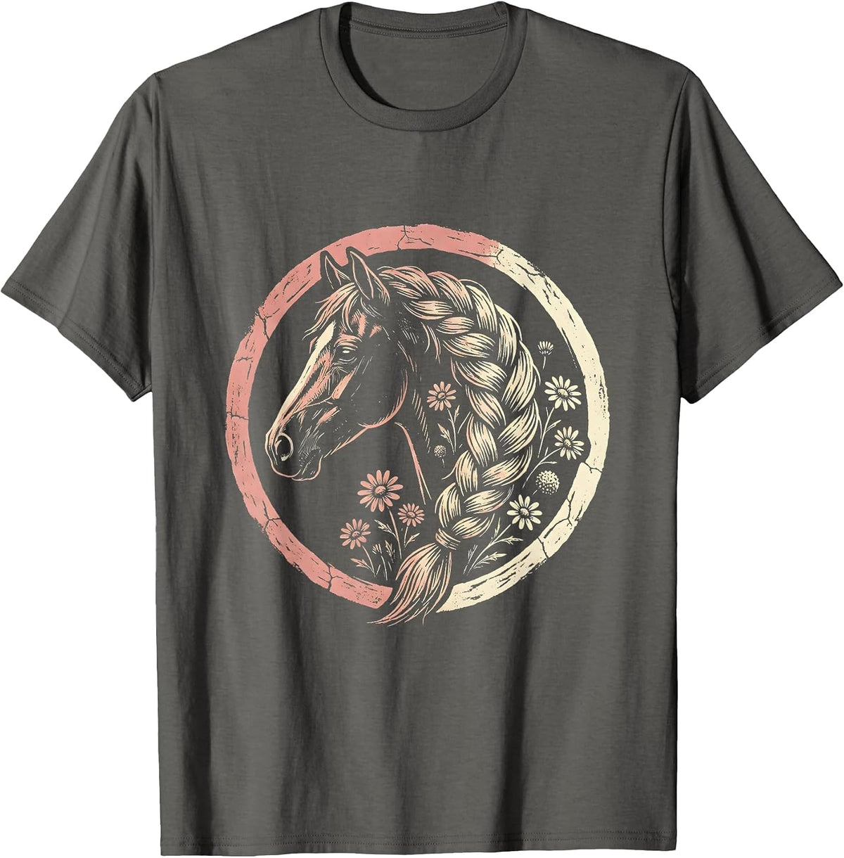 Floral Braided Mane Running Horse Derby Design T-Shirt - Asphalt Grey